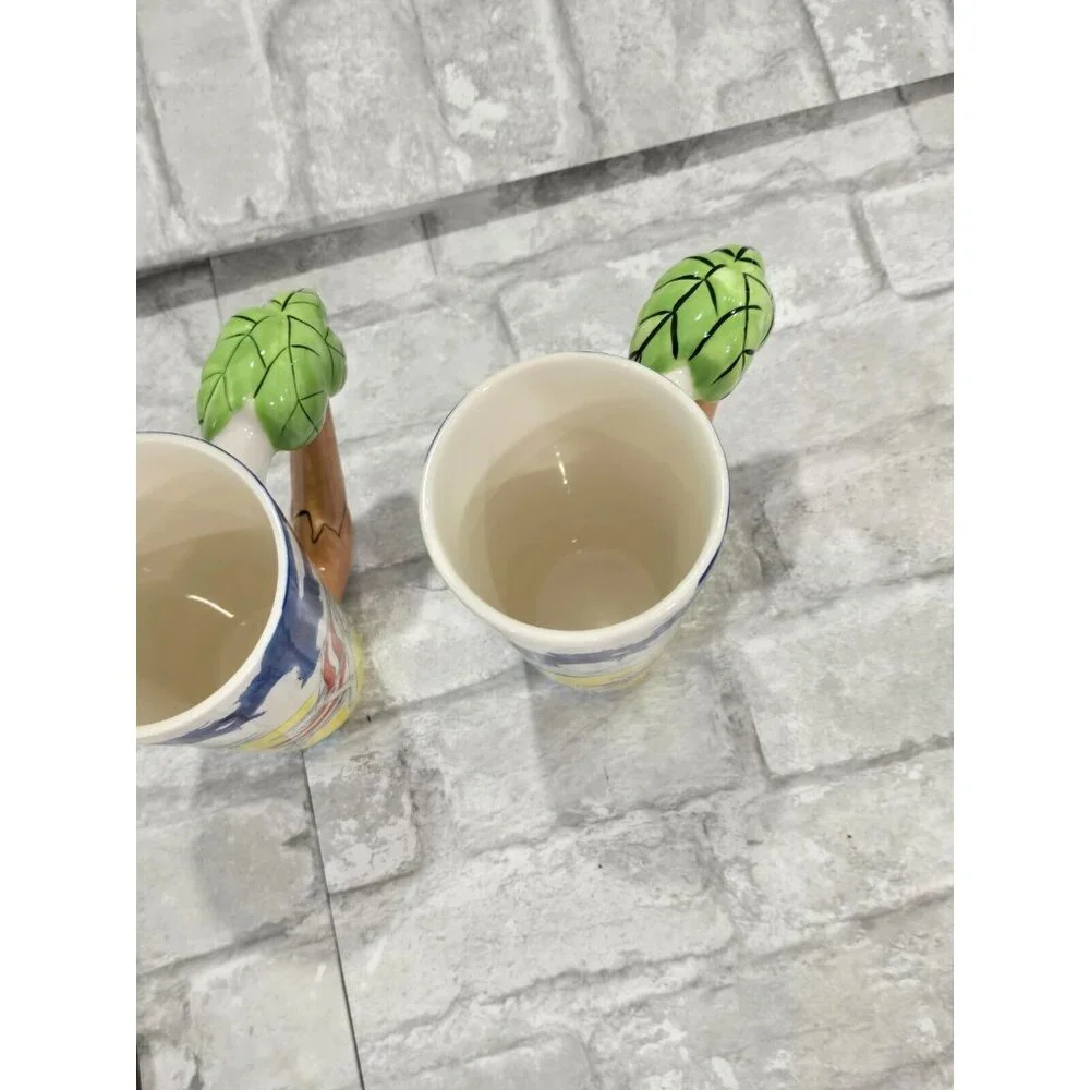 Lot of 2 Mugs Florida Marketplace‎ Painted Beach Theme Palm Tree Handles 2004